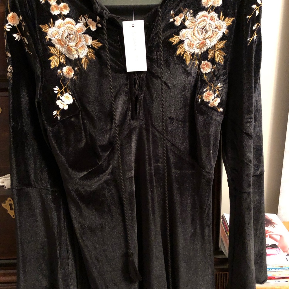Sugar Black Velvet Dress with Gold and Cream Floral Embroidery